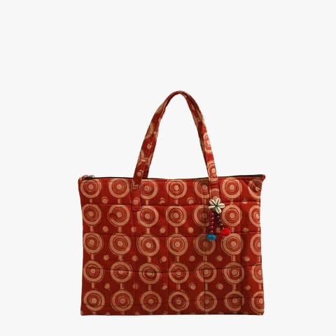 Rust Red Handcrafted Quilted Tote Bag with Ethnic Print