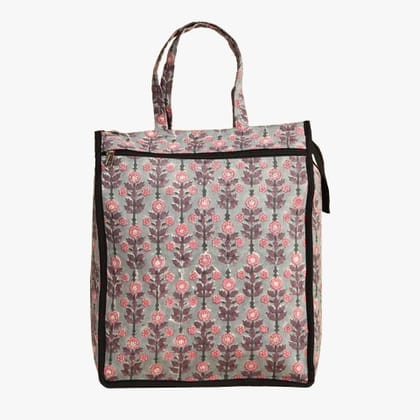 Floral Print Quilted Utility Tote Bag with Front Zip Pocket