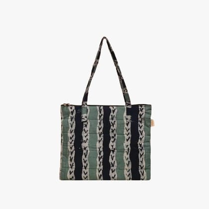 Quilted Cotton Batik Print Tote Bag - Black and Sea Green