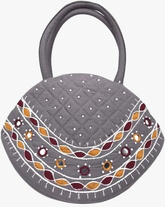 Grey Quilted Traditional Embroidered Handbag with Mirror Work