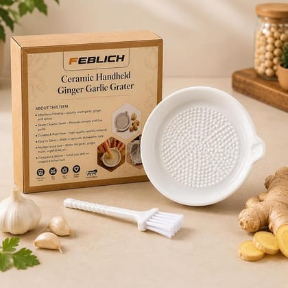 Ceramic Garlic Grater Plate with Brush Manual Crusher Grinder Tool for Ginger, Garlic, Turmeric, Nutmeg, Fruits & Vegetables (Medium)