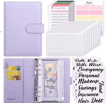 A6 PU Leather Budget Binder Refillable 6-Ring Notebook Planner with Magnetic Buckle for A6 Loose Leaf Filler Paper – Purple