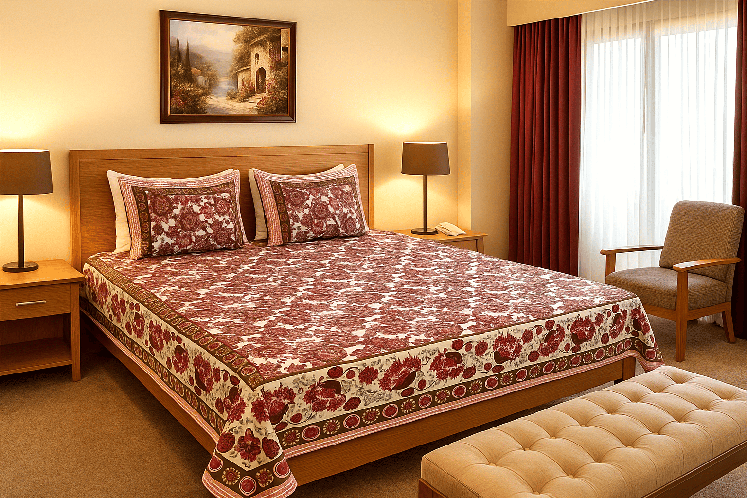 DHRUVINSRI Hand Block Print Pure Cotton Double King Bed Size Bedsheet, 100 * 108 Inches & 2 Large Pillow Covers, AZO Free, Antiwrikle- Pink Floral