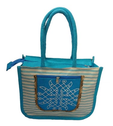 Blue and White Striped Jute Bag with Embroidery