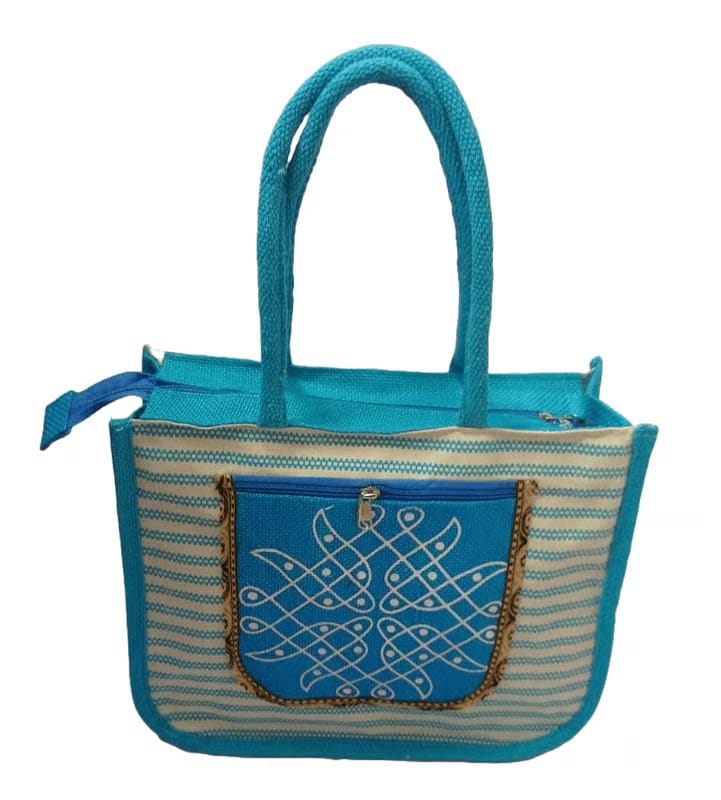 Blue and White Striped Jute Bag with Embroidery