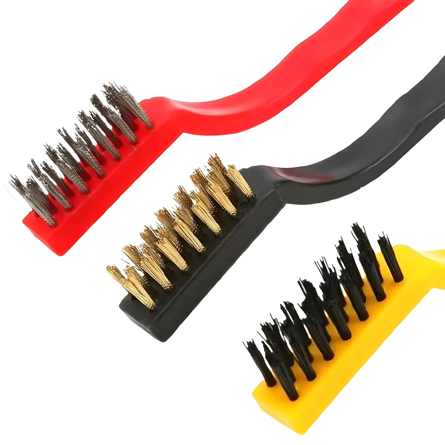 3Pc Mini Wire Brush Set for Car, Kitchen Gas Stove Cleaning (Brass, Nylon, Stainless Steel Bristles)