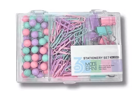 AccuPrints Pastel Stationery Clip Set with Push Pins, Paper Clips & Binder Clips – 3 Compartment Organizer Box