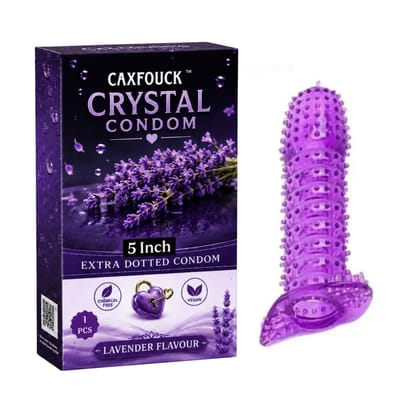 Caxfouck Crystal Condom Lavender Flavor 5 Inch Extra Dotted & Comfort Reusable Condom (1 Pc)