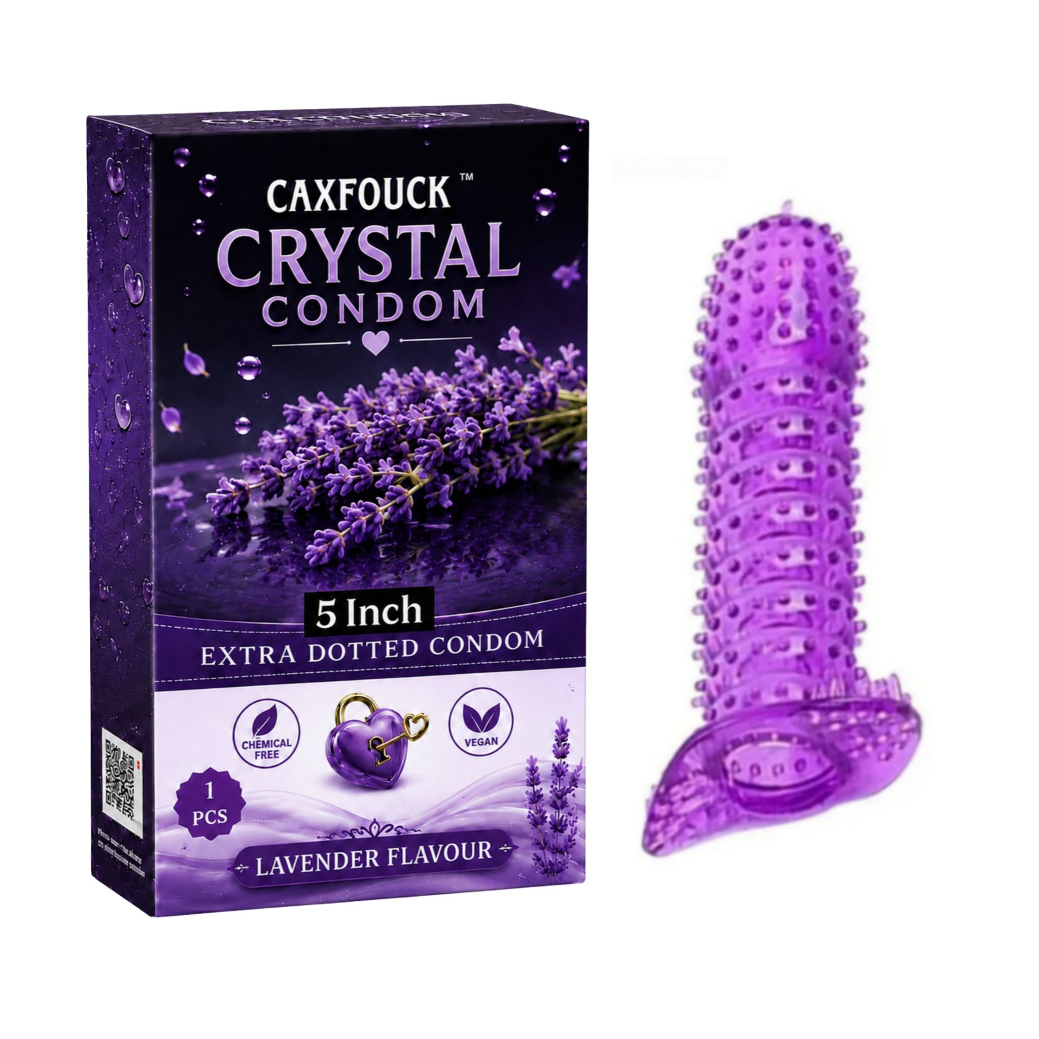 Caxfouck Crystal Condom Lavender Flavor 5 Inch Extra Dotted & Comfort Reusable Condom (1 Pc)