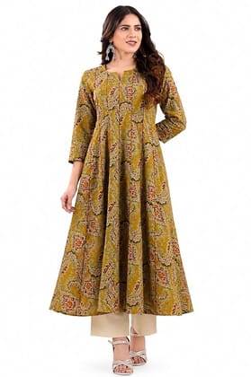Mustard Yellow Paisley Print A-Line Kurti Tunic with Elbow Sleeves Mustard Yellow Paisley Print A-Line Kurti Tunic with Elbow Sleeves