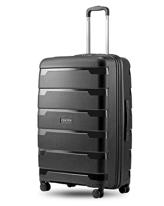 SNITCH Layer Large Size Black Polypropylene Hard Travel Suitcase - Large Trolley Bags & Luggage with 8 Wheels, Premium Lock, Wet & Dry Pouch & Free Shoe Bag