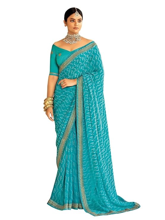 SIRIL Women's Bandhani Printed Embroidery Georgette Saree with Unstitched Blouse Piece (Sky Blue)