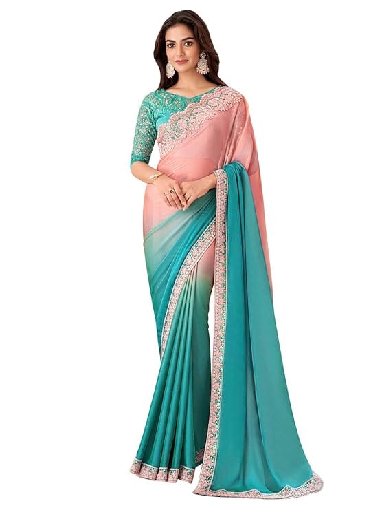 AKHILAM Women's Pure Chiffon Embellished Saree With Unstitched Blouse
