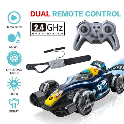 KTRS Enterprise 2.4GHz Dual Remote Control RC Stunt Racing Car with Gesture Watch, Spray Mist, LED Lights & Music | 360° Drift Off-Road Toy Car for Kids KTRS Enterprise 2.4GHz Dual Remote Control RC Stunt Racing Car with Gesture Watch, Spray Mist, LED Lights & Music | 360° Drift Off-Road Toy Car for Kids