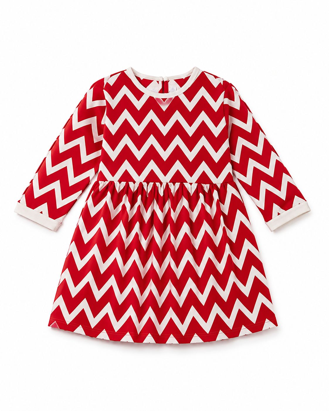 Baby Girls Red & White Chevron Print Gathered Waist Dress