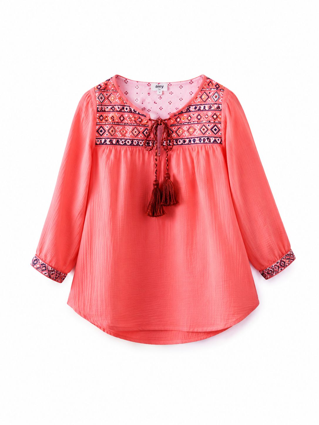 Girls Coral Red Embroidered Tunic Top with Tassels