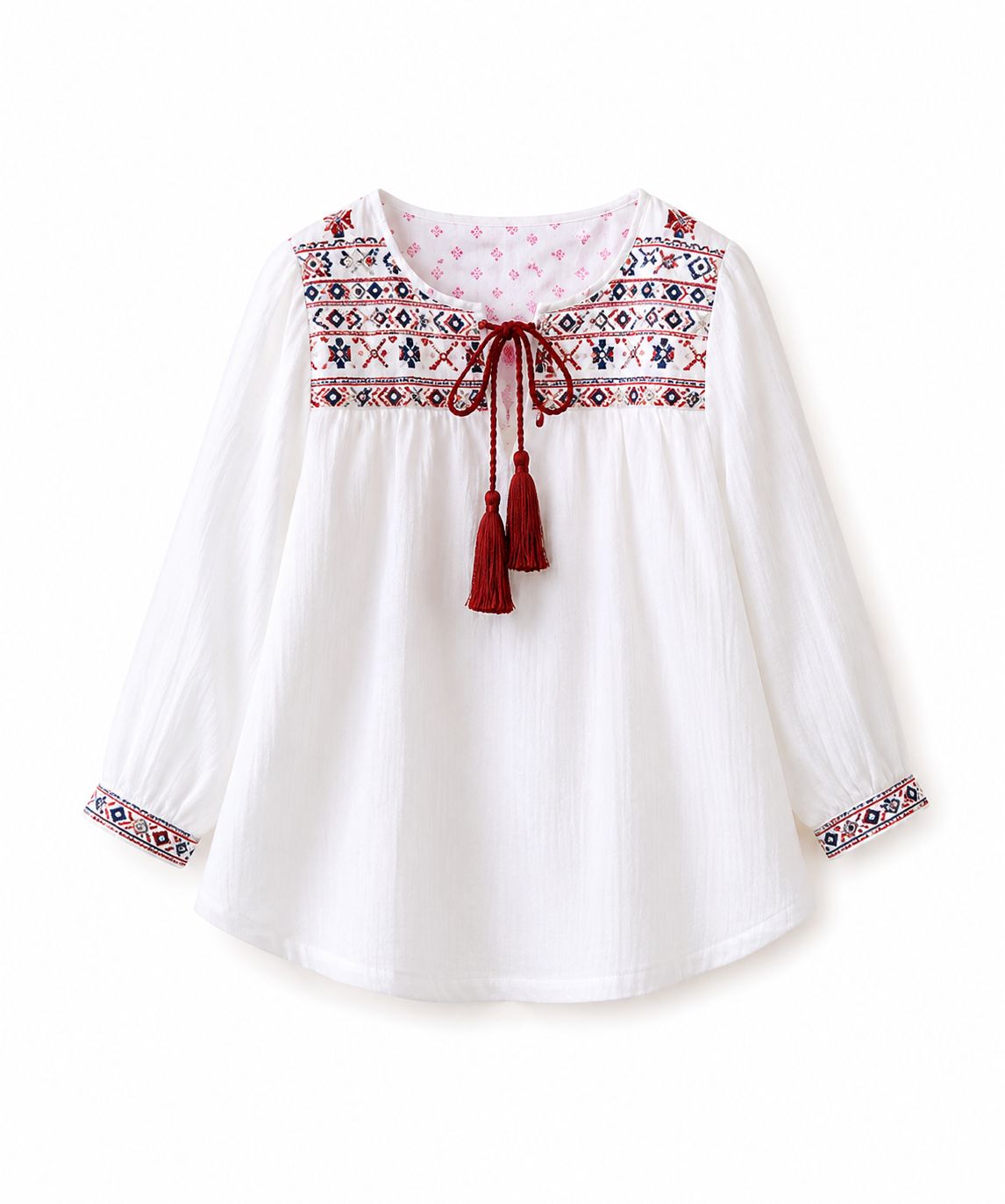 Girls White Embroidered Tunic Top with Tassels