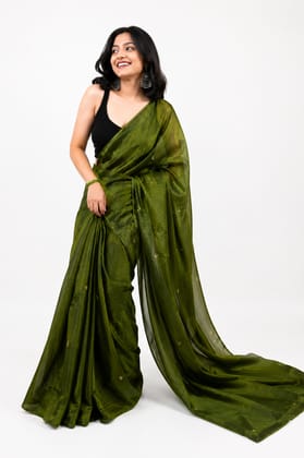 Women's Solid Green Cotton Blend Saree with Black Sleeveless Top Women's Solid Green Cotton Blend Saree with Black Sleeveless Top