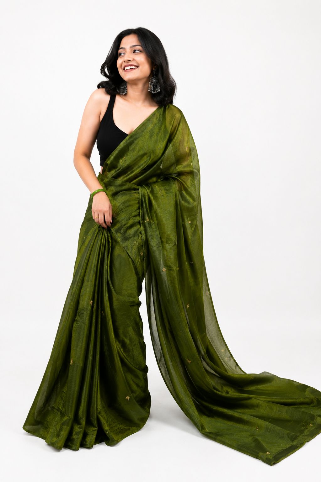 Women's Solid Green Cotton Blend Saree with Black Sleeveless Top