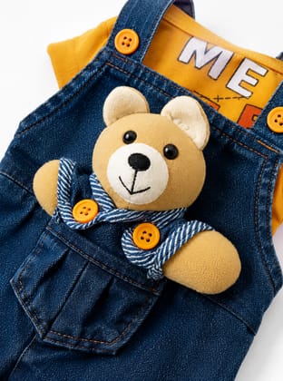 Cute Baby Denim Overalls and T-Shirt Set with Attached Teddy Bear Cute Baby Denim Overalls and T-Shirt Set with Attached Teddy Bear