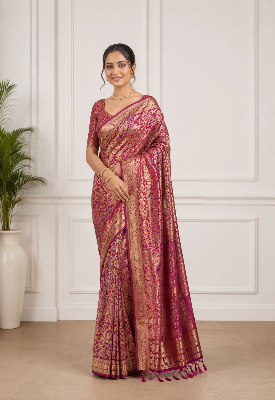 Elegant Magenta Banarasi Silk Saree with Gold Zari Weaving