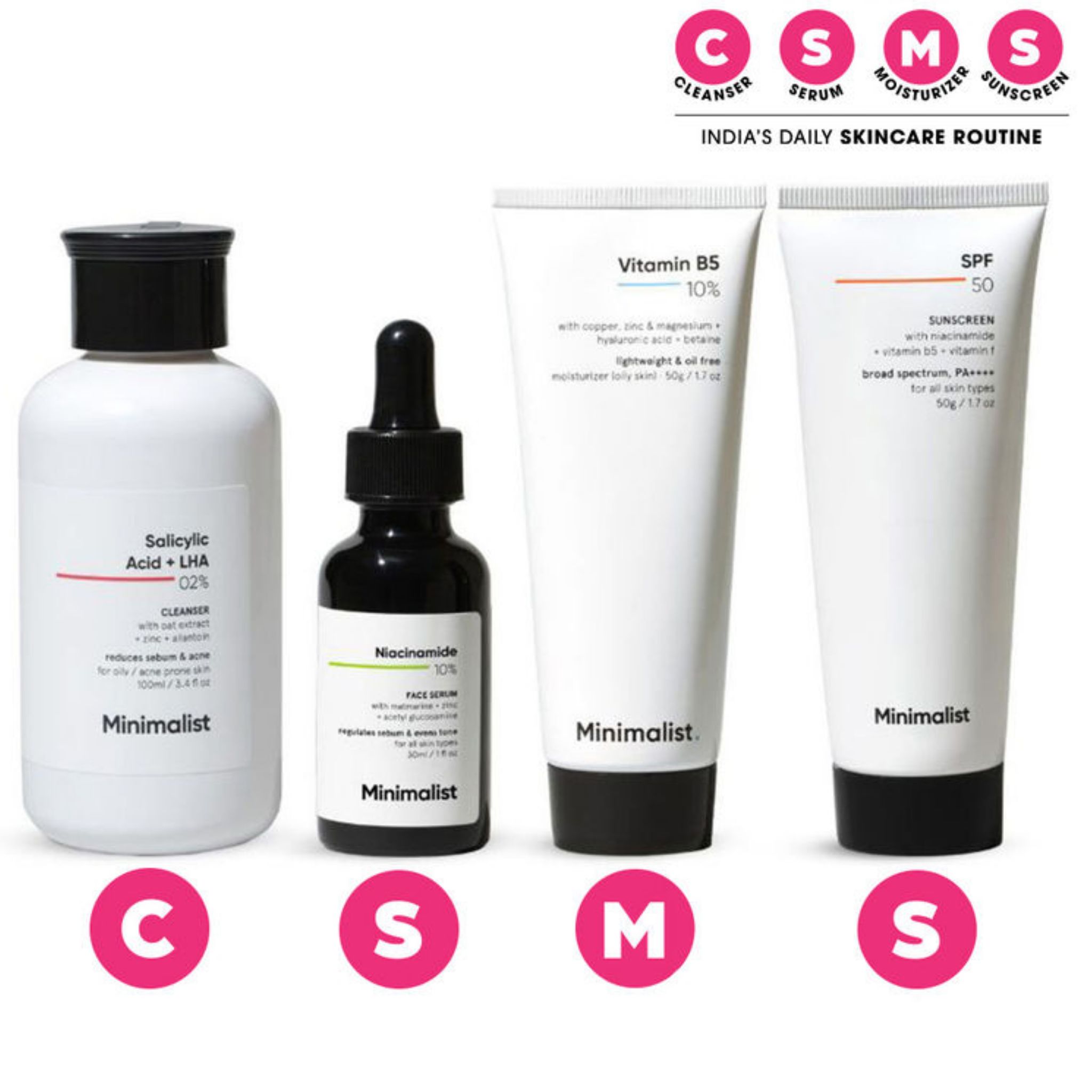 Minimalist Daily Skincare Routine For Oily & Acne Prone Skin CSMS Combo (100ml+30ml+50g+50g) Pack of 4