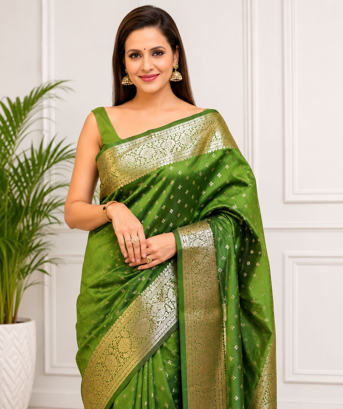 Elegant Green Banarasi Silk Saree with Zari Weaving