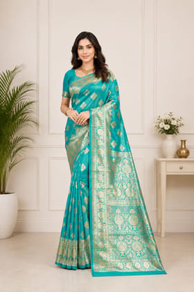 Turquoise Banarasi Silk Saree with Golden Zari Work Turquoise Banarasi Silk Saree with Golden Zari Work