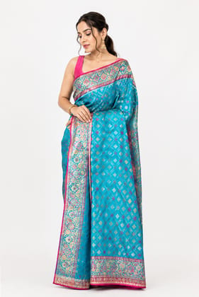 Turquoise Banarasi Silk Saree with Golden Zari Work Turquoise Banarasi Silk Saree with Golden Zari Work