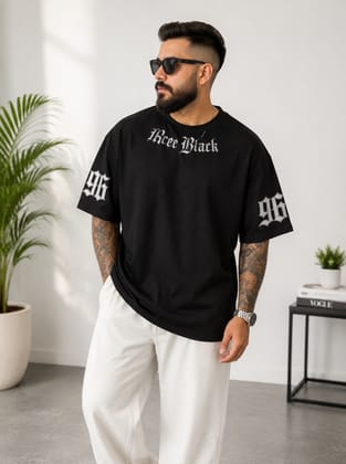 Men's Black Oversized T-Shirt with Sleeve Graphic Print Men's Black Oversized T-Shirt with Sleeve Graphic Print