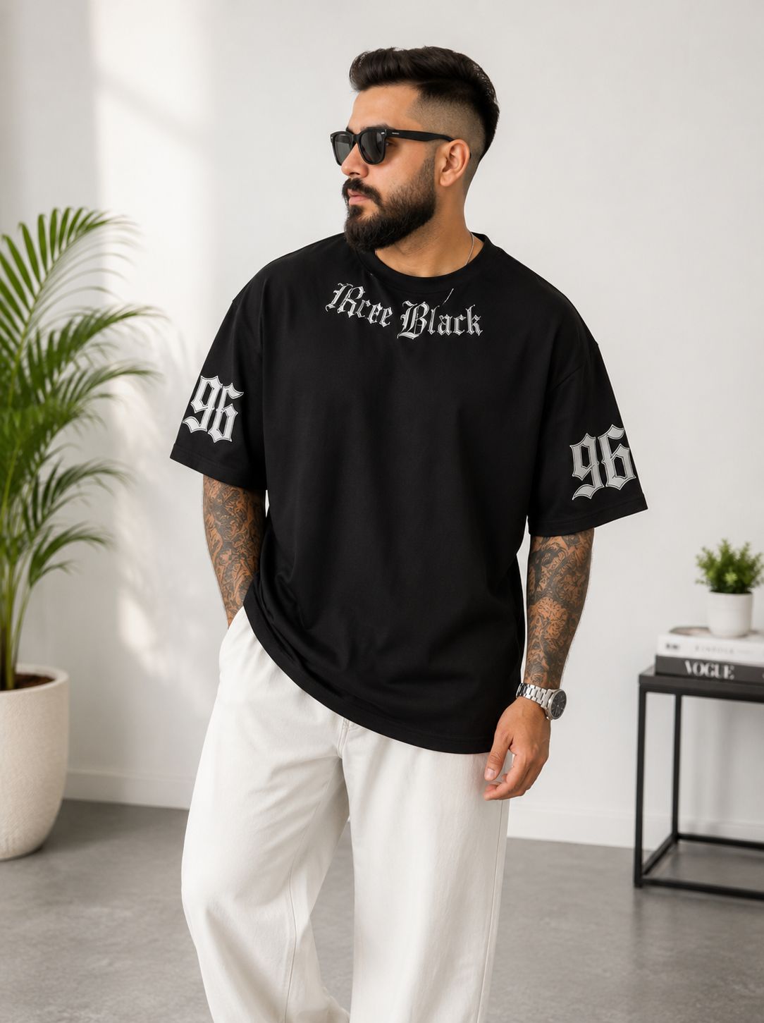 Men's Black Oversized T-Shirt with Sleeve Graphic Print