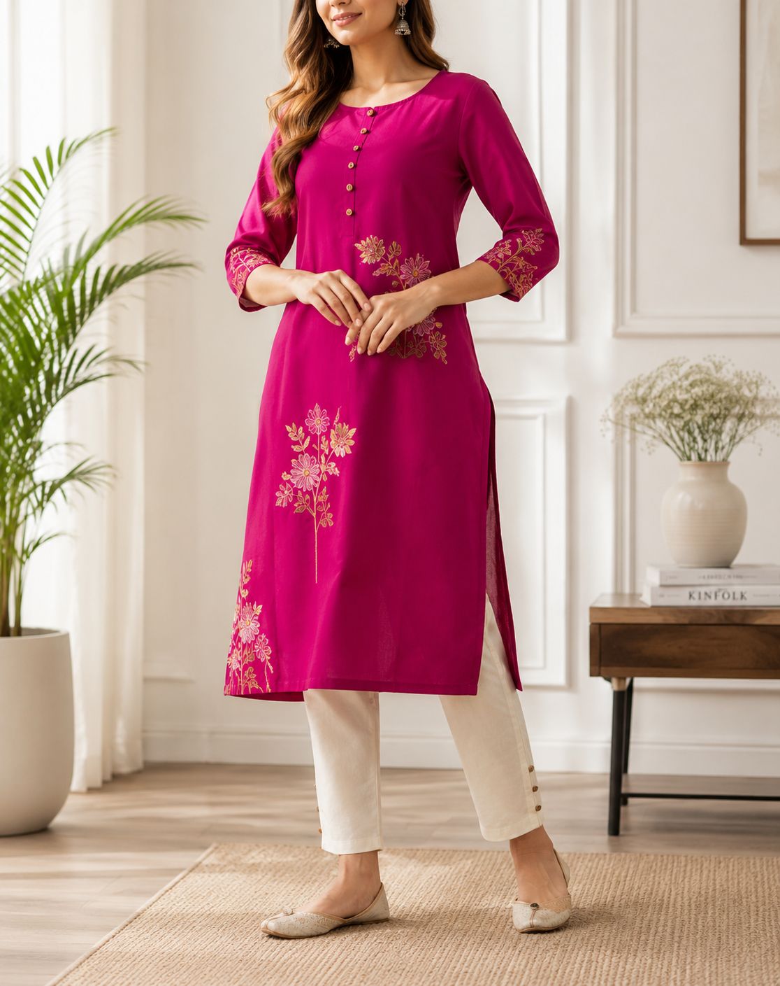 Women's Fuchsia Pink Printed Cotton Straight Kurta