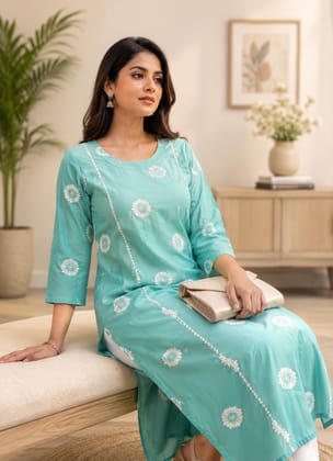 Women's Turquoise Embroidered Cotton Straight Kurta Women's Turquoise Embroidered Cotton Straight Kurta