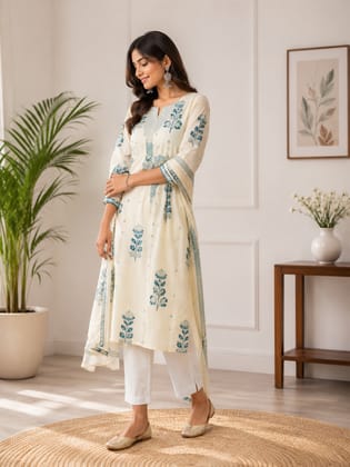 Women's Turquoise Embroidered Cotton Straight Kurta Women's Turquoise Embroidered Cotton Straight Kurta