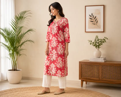 Women's Floral Print Red Cotton Straight Kurta Women's Floral Print Red Cotton Straight Kurta