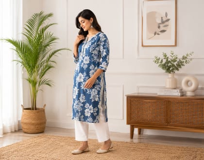 Women's Blue Floral Printed Straight Kurta Women's Blue Floral Printed Straight Kurta