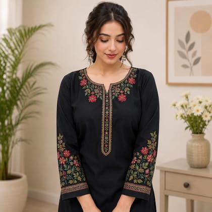 Women's Black Floral Embroidered Straight Kurta Women's Black Floral Embroidered Straight Kurta