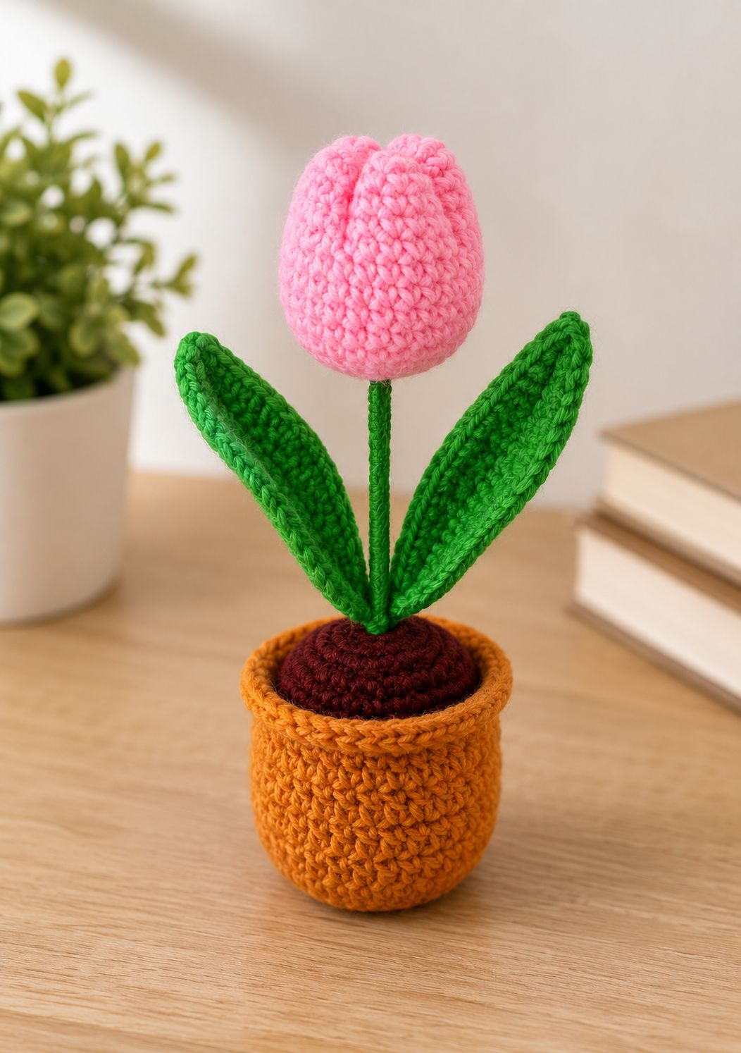 Handmade Pink Crochet Tulip in Orange Pot - Artificial Amigurumi Potted Plant