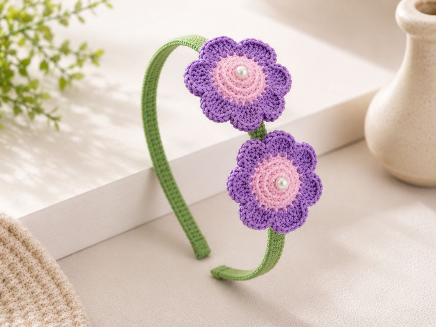 Handmade Crochet Purple Flower Hairband for Kids – Purple & Pink Floral Headband