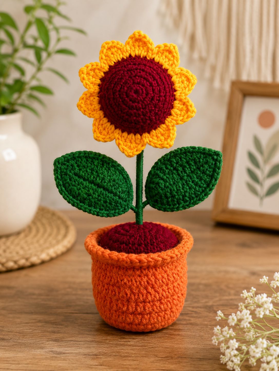 Handmade Crochet Sunflower Pot – Knitted Desk Decor
