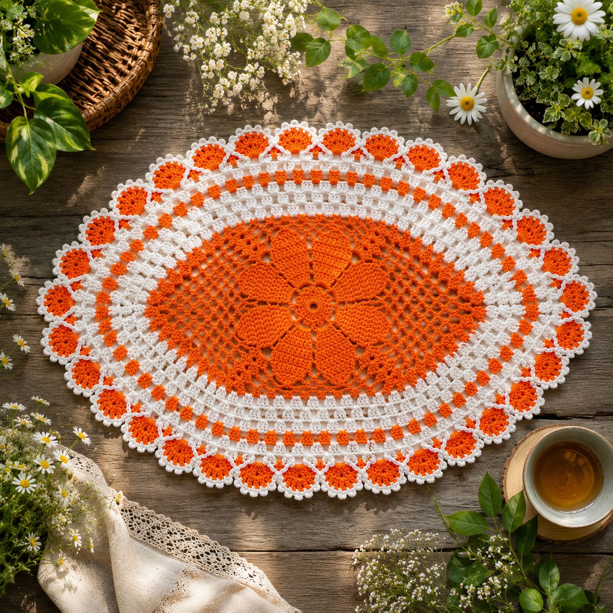 Aai's Handmade Floral Lace Crochet Table Mat - (Premium Edition - 18x12 Inches, Item Code - SN0066V1)