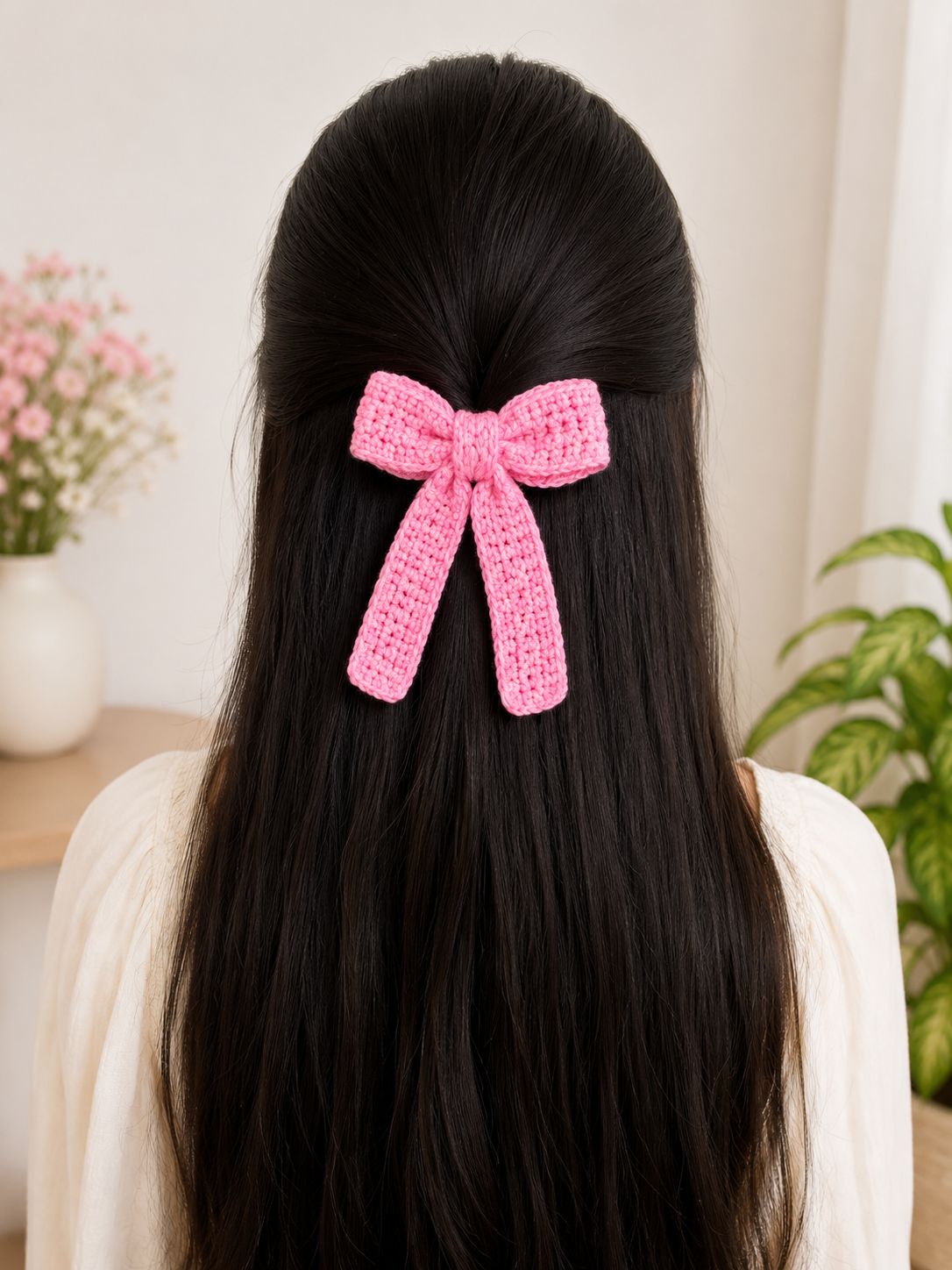 Handmade Crochet Pink Bow Hair Clip