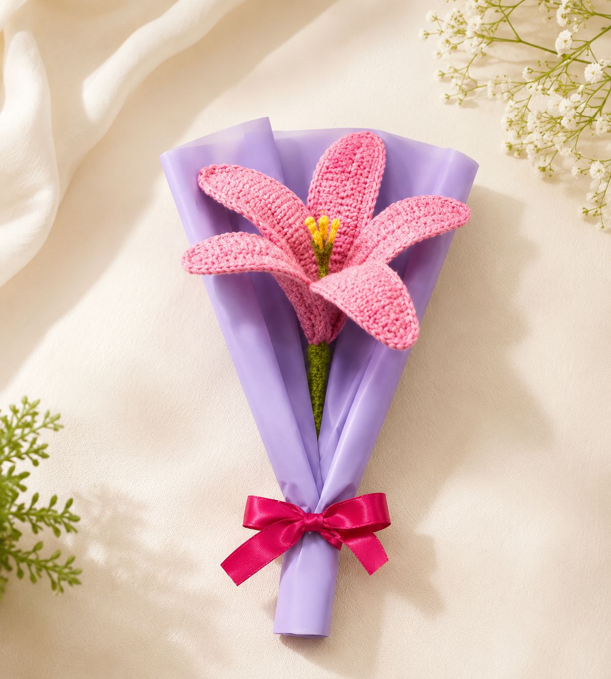 Handmade Crochet Pink Lily Flower Bouquet