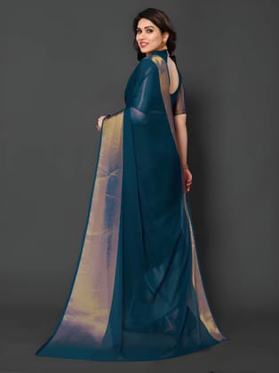 WUGO Women's Teal Blue Organza Saree with Golden Zari Border | Elegant Party Wear, Wedding, Festive & Traditional Saree with Unstitched Blouse Piece