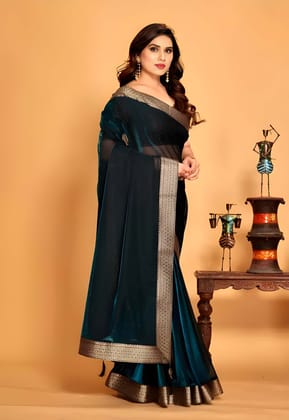 WUGO Women's Dark Teal Blue Organza Saree with Rich Golden Zari Border | Designer Party Wear, Wedding, Festive & Traditional Saree with Unstitched Blouse Piece