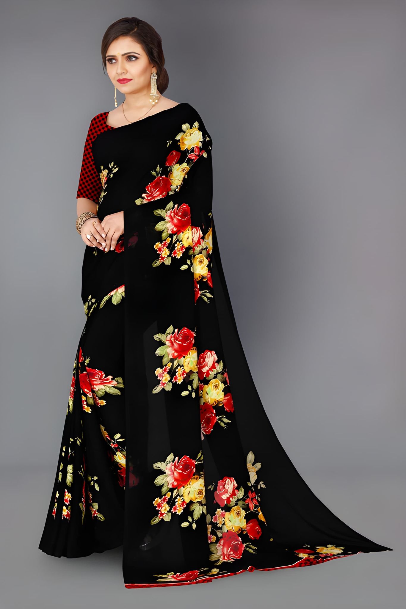 WUGO Women's Black Floral Printed Georgette Saree | Elegant Party Wear, Casual Wear, Festive & Designer Saree with Unstitched Blouse Piece