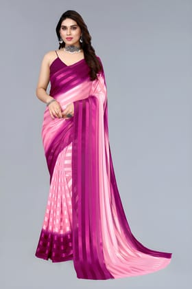WUGO Women's Pink & Magenta Striped Organza Saree | Elegant Party Wear, Wedding, Festive & Designer Saree with Unstitched Blouse Piece
