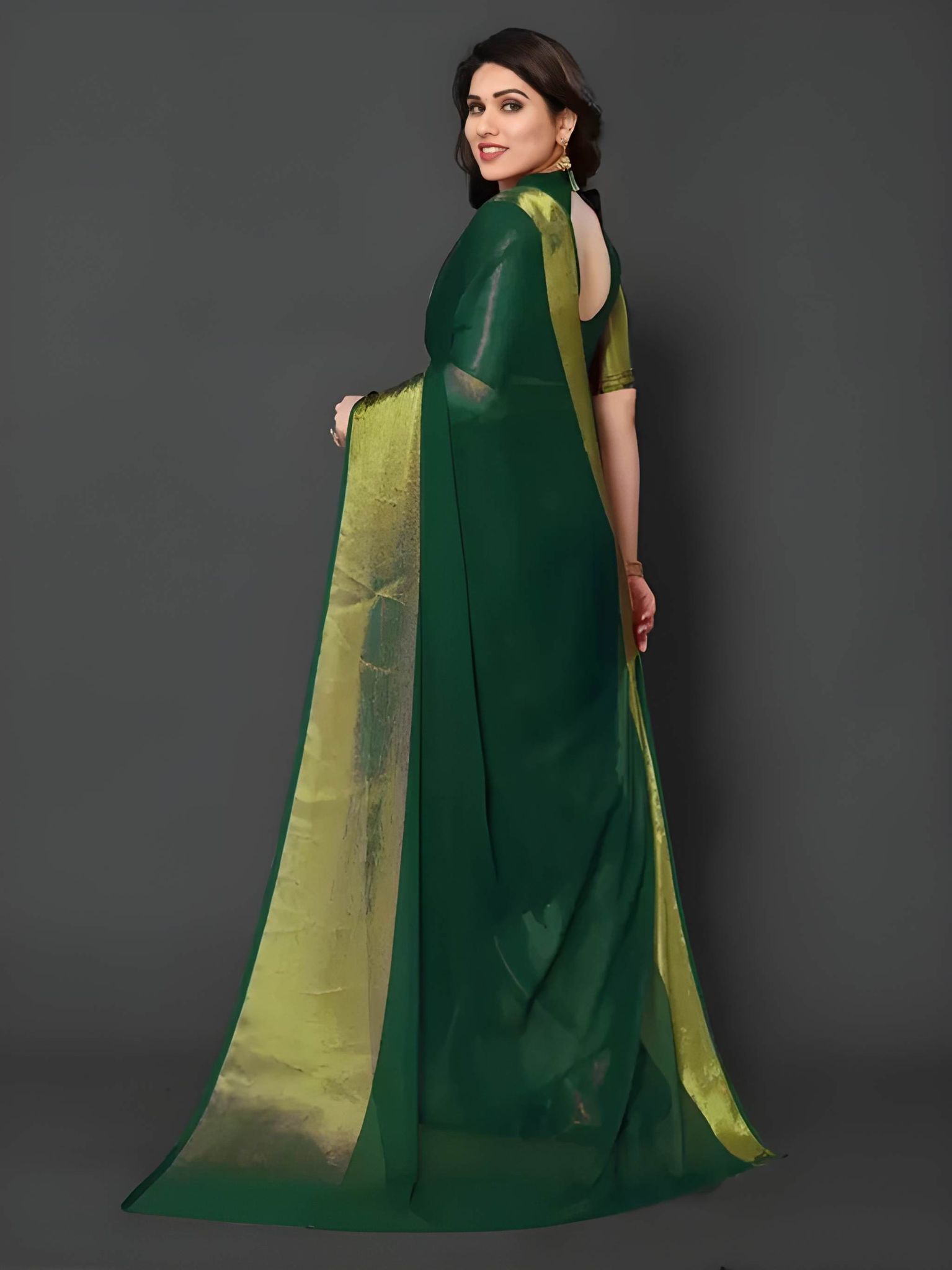 WUGO Women's Bottle Green Organza Saree with Golden Zari Border | Designer Party Wear, Wedding, Festive & Traditional Saree with Unstitched Blouse Piece