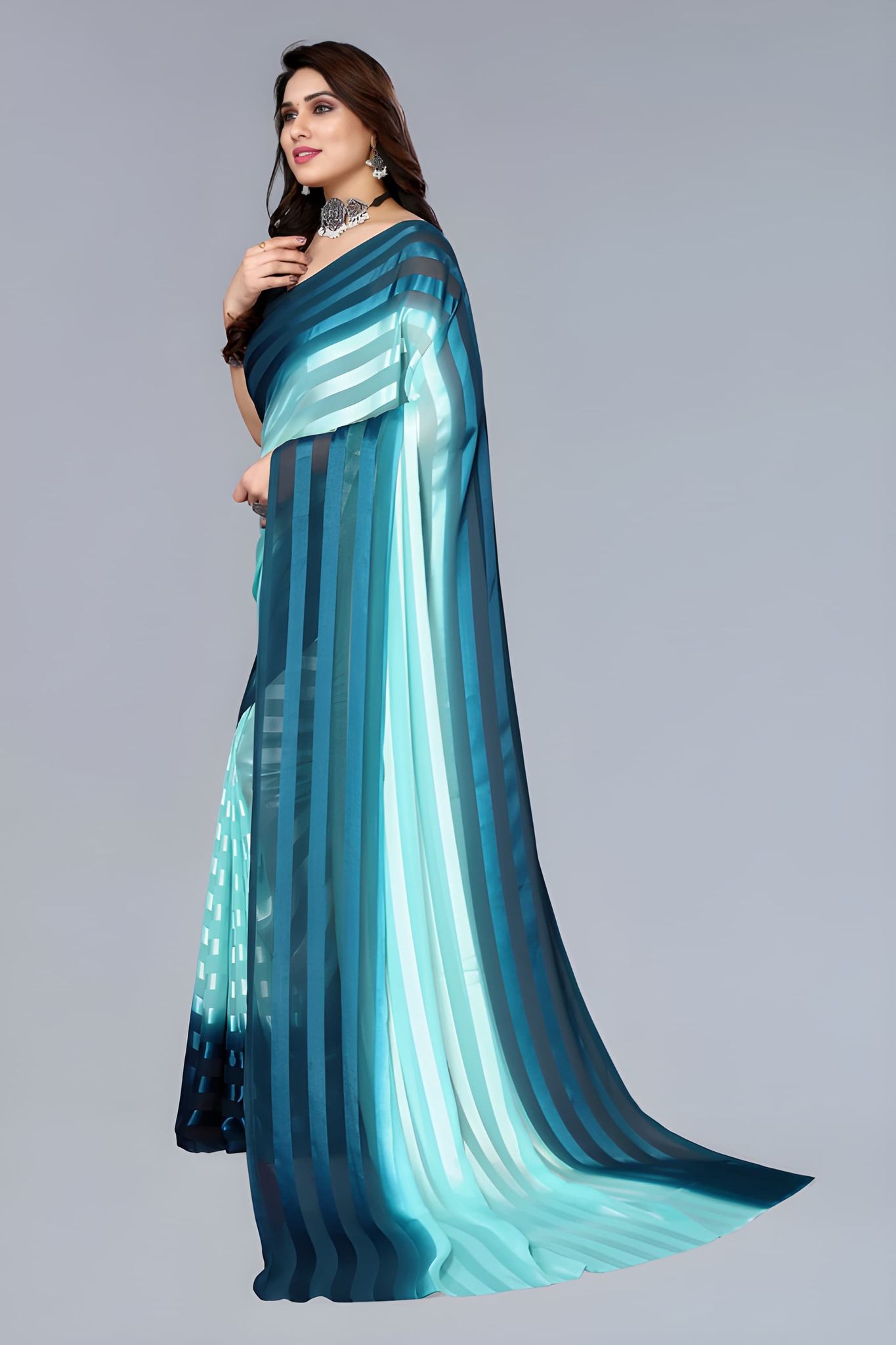 Women's Sky Blue & Navy Blue Organza Striped Saree with Unstitched Blouse Piece | Lightweight Designer Party Wear, Festive & Wedding Saree
