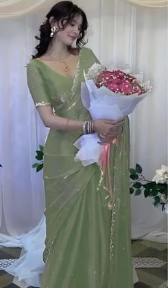 Women's Sage Green Organza Silk Saree with Sequins Work | Designer Party Wear Saree with Matching Blouse Piece | Elegant Ethnic Wear